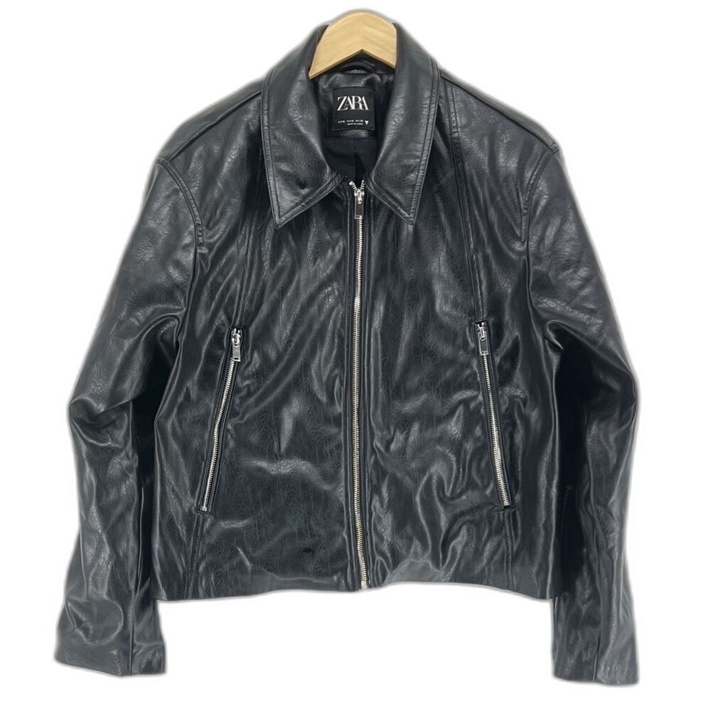 Zara Womens XXL Black Faux Leather Cropped Moto Biker Jacket Zip Outerwear Coat